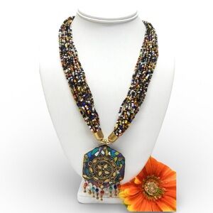 VINTAGE GLASS SEED BEAD TIBETAN PENDANT NECKLACE 21"
